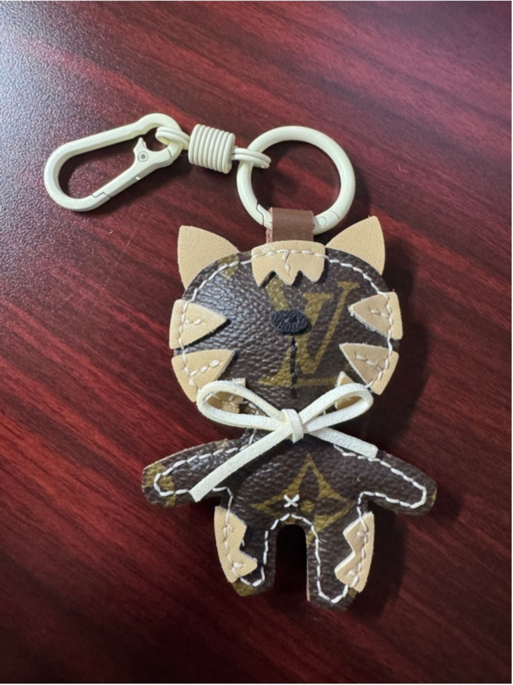 Handmade Cat Keychain Charm Using Authentic Monogram Canvas | Cream Bow | SKU 58 - Picture 2 of 6